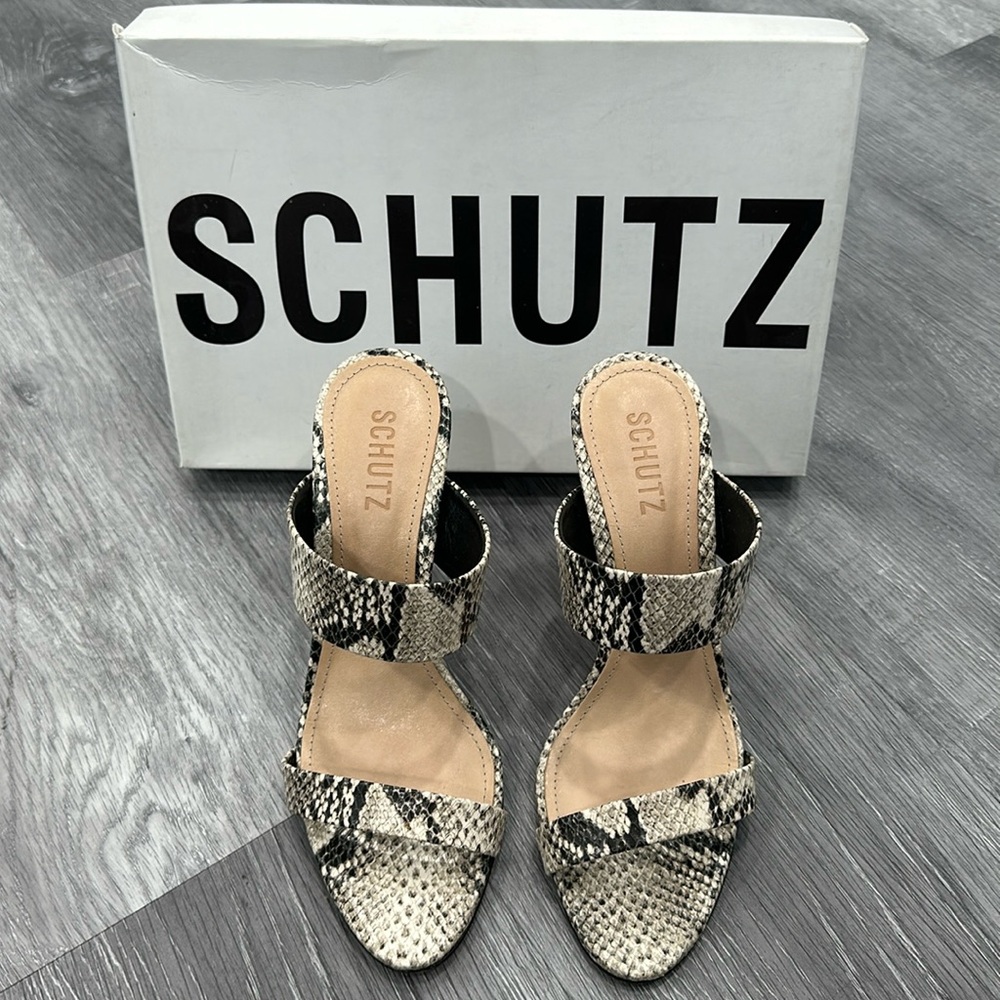 Barely worn animal print leather Schutz heeled sandals, size 8